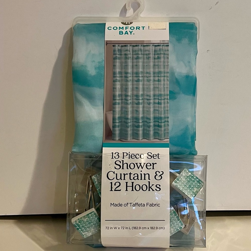 4/$20 Comfort Bay 13 Pcs Set Shower Curtain & 12 Hooks blue/white taffeta fabric